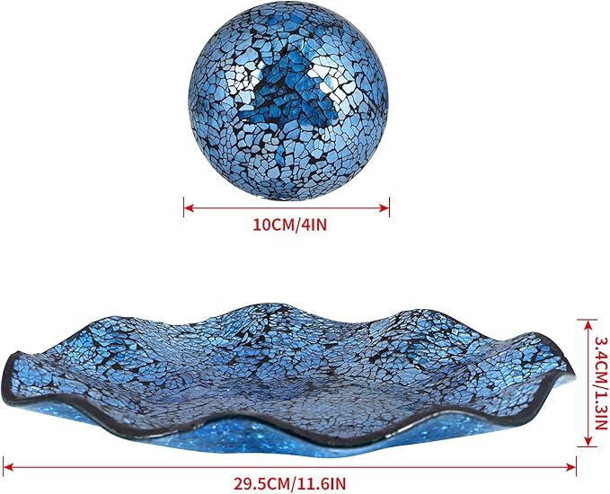 MDLUU Centerpiece Bowl and Balls Set, Mosaic Tray with 3 Pieces Spheres, 12" Decorative Plate with 4" Mosaic Orbs for Home Decor, Gift (Turquoise)