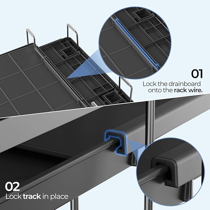 Large Dish Drying Rack, Expandable Dish Rack for Kitchen Counter, Dish Drainer with Drainboard Set, Multifunctional Dishrack with Utensil & Cup Holder, 13.4"-28.7" L x 11.8" W x 7.4" H, Black
