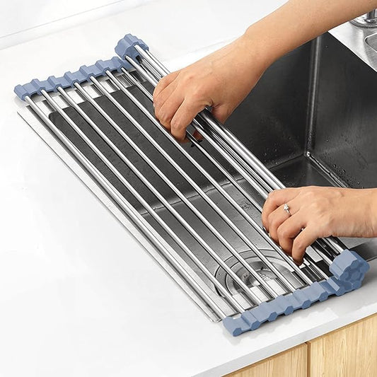 MECHEER Over The Sink Dish Drying Rack, Roll Up Dish Drying Rack Kitchen Dish Rack Stainless Steel Sink Drying Rack, Foldable Dish Drainer, Gray (20.4''x13.7'')