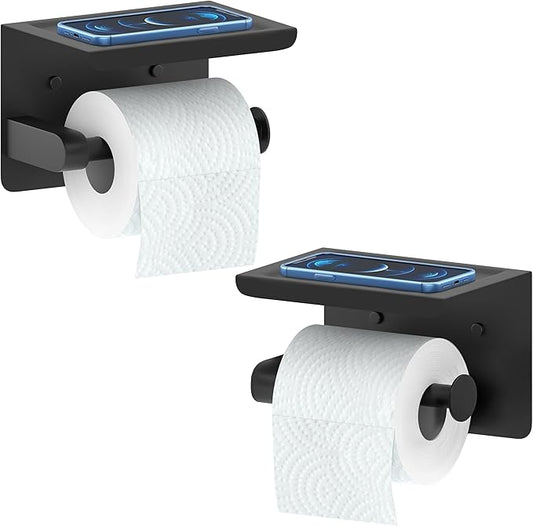 Matte Black Toilet Paper Holder with Shelf, SUS304 Stainless Steel Wall Mounted, Dual Installation Adhesive or Screw, Rustproof Modern Bathroom Tissue Roll Holder - 2 Pack