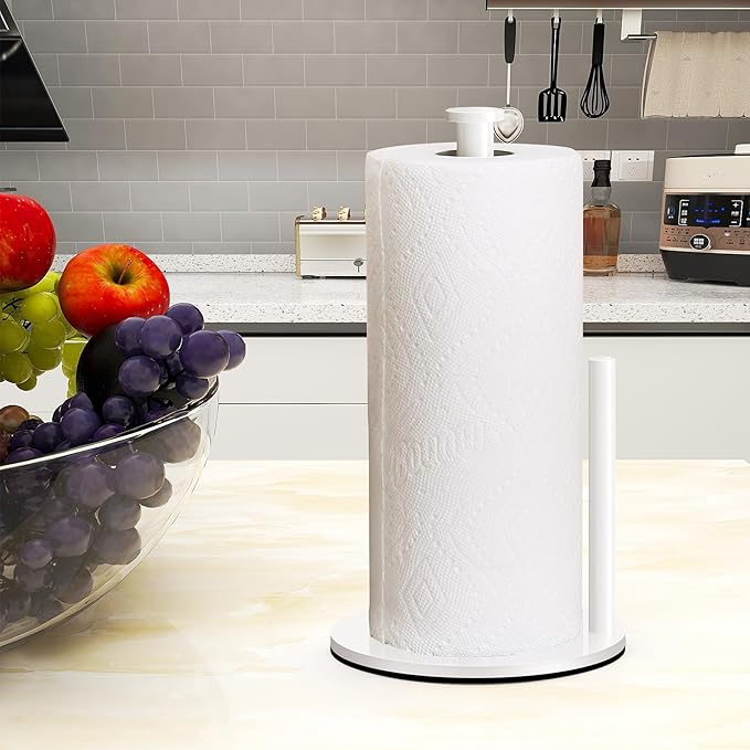 Paper Towel Holder Countertop, OBODING, White Kitchen Paper Towel Holder Stand for Kitchen and Bathroom Organization, Stainless Steel Paper Towel Holders for Standard and Large Rolls (White)