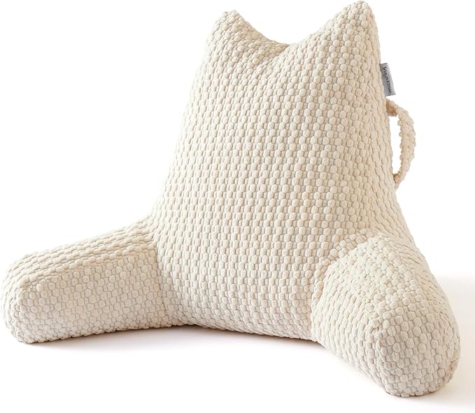 Reading Pillow for Bed Sitting Up, Backrest Pillow with Shredded Memory Foam Filling, Back Support Cushion, Bed Rest Pillow with Arms, Pockets and Washable Cover-Beige