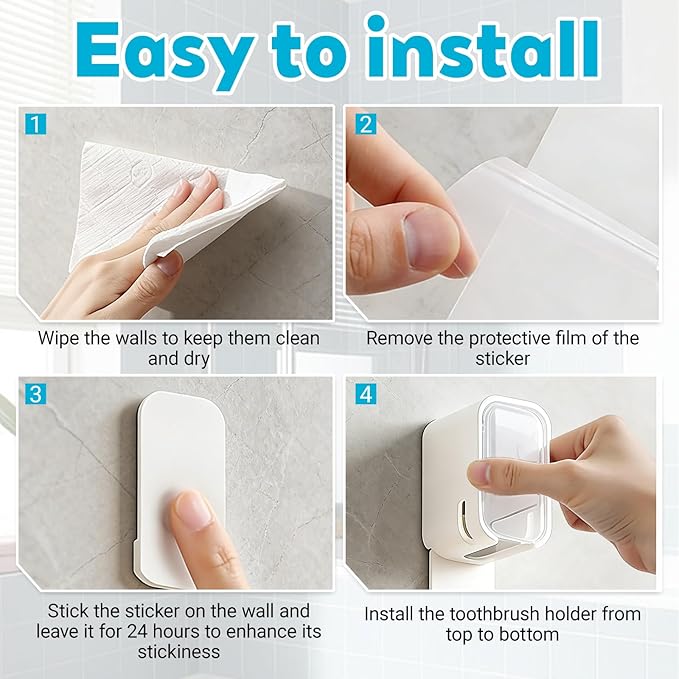 Bathroom Toothbrush Holder 2-Pack, Wall-Mounted with Cover, Single Toothbrush Storage Organizer, Suitable for Home and Travel (Clear)