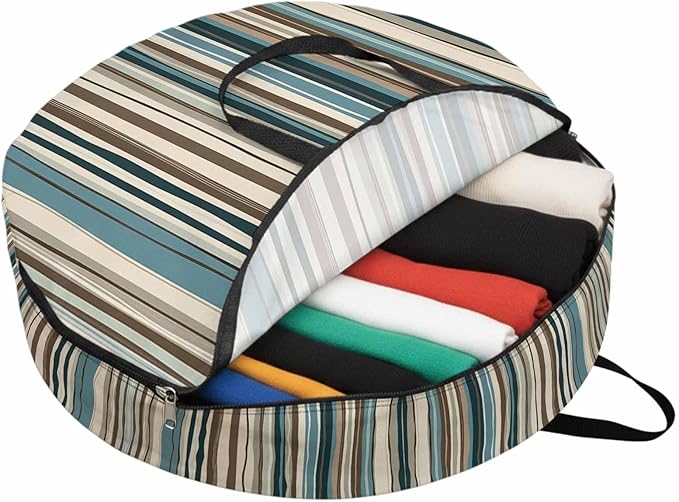 Boho Vertical Stripe Round Storage Bag 36 Inch, Green Beige Simple Lines Clothes Storage Container with Handles Heavy Duty Organizer for Comforter, Bedding & Holiday Wreaths