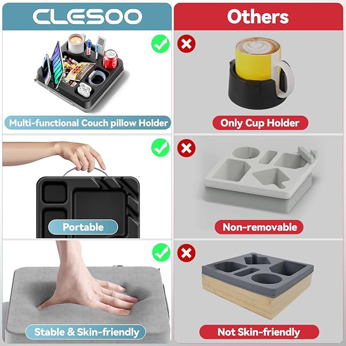 Couch Cup Holder Tray Couch Cup Holder Pillow Bed Tray Snack Sofa Bed Caddy Organizer Beach Sofa Drink Holder Anti-Spill Portable Snack Caddy Couch Remote Holder for Phone Pad Kindle Beverage Black