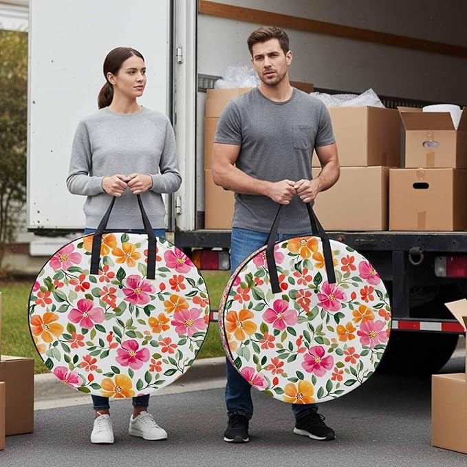 Red Yellow Floral Round Storage Bag 30 Inch, Retro Spring Leaves Flower Clothes Storage Container with Handles Heavy Duty Organizer for Comforter, Bedding & Holiday Wreaths