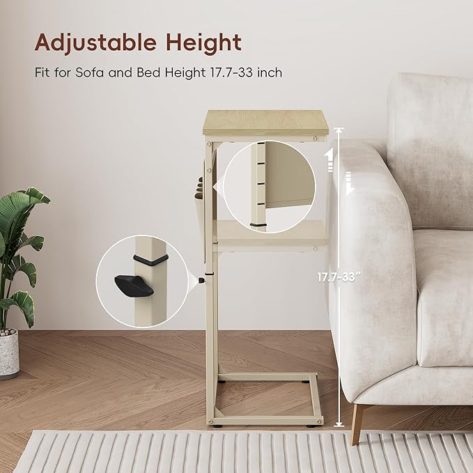 Vagusicc C Shaped End Table, 32'' Tall Side Table for Couch, Adjustable Height Small Couch Side Table for Small Spaces, End Table Slide Under Sofa Table TV Tray Table Arm Table for Living Room