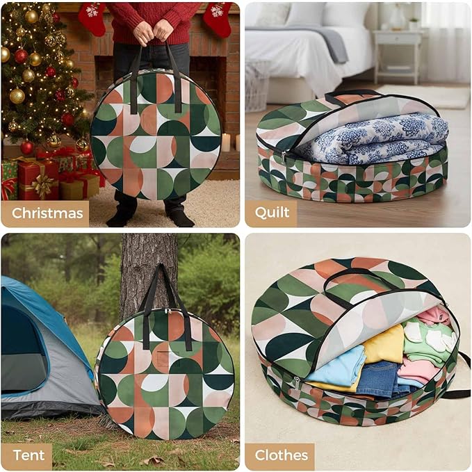 Storage Bag Mid Century Geometric Round Storage Totes Bins Closet Organizers with Zippers & Handle Abstract Modern Green Orange Clothes Storage Container for Bedroom Dorm Space Saving Packing Supplies