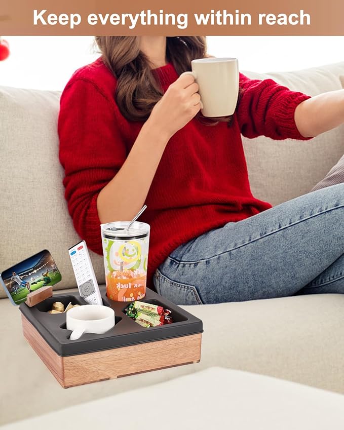 Couch Cup Holder Tray, Silicone Acacia Wooden Couch Caddy with Cup Holder for Snacks, Drinks, Remotes, Waterproof Cup Holder for Couch, Organizer, Movie Night Snack Trays, Easter Gifts