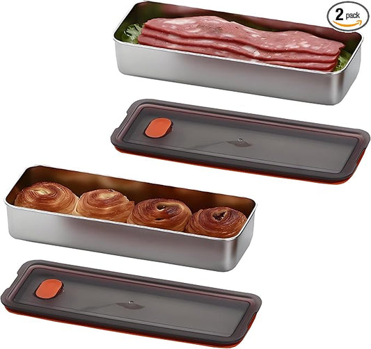 2Pack Food Storage Container,Deli Meat Container with Lid,Bacon Container for Refrigerator,304 Stainless Steel Bacon Storager,Cheese Holder for Fridge,Dishwasher Safe Fruit Storage Containers
