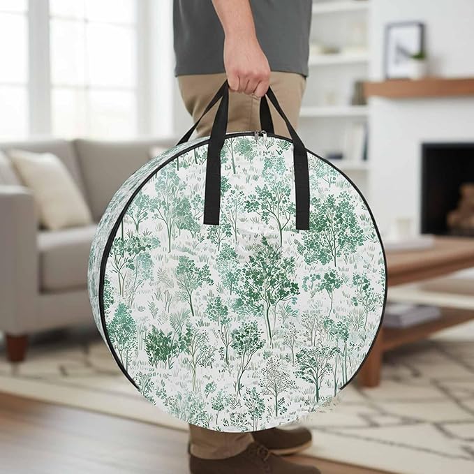 Storage Bag Maple Tree Pine Round Storage Totes Bins Closet Organizers with Zippers & Handle Watercolor Plants Green Clothes Storage Container for Bedroom Dorm Space Saving Packing Supplies Bags