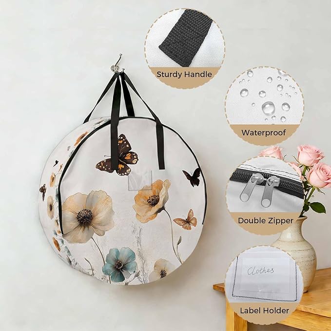 Blue Brown Floral Round Storage Bag 24 Inch, Butterfly Plant Pastoral Style Clothes Storage Container with Handles Heavy Duty Organizer for Comforter, Bedding & Holiday Wreaths