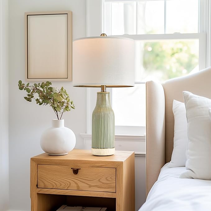 USumkky 23.75" Modern Green Ceramic Table Lamp Set of 2 for Living Room, Farmhouse Bedside Nightstand Lamp for Bedroom Home Office Dorm