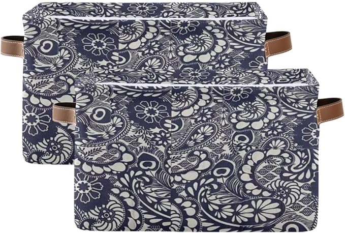 Decorative Storage Basket, Canvas Collapsible Box with Leather Handles, Navy Floral Pattern, 14.2x10.2x8.3 Inches, Rectangular Container for Bedroom Storage