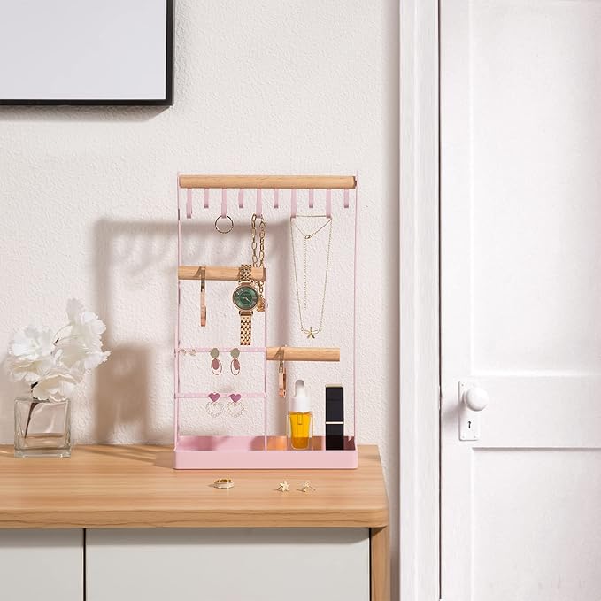 ProCase Jewelry Stand Holder Organizer, 4-Tier Necklace Holder with Ring Tray, 10 Hooks Necklaces Hanging Small Jewelry Display Storage Tower Tree for Bracelets Earrings Watches -Medium, Pink
