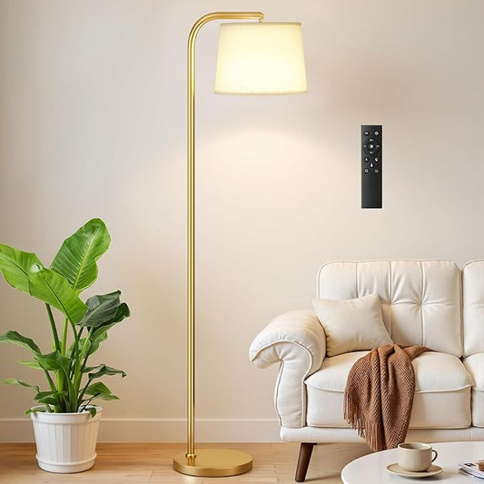 Ambimall Remote-Controlled Floor Lamp - Color Temperature Adjustable and Fully Dimmable, Standing Lamp for Living Room with Rotating Head, Tall Lamp for Bedroom, 9W Bulb Included (Gold and Beige)