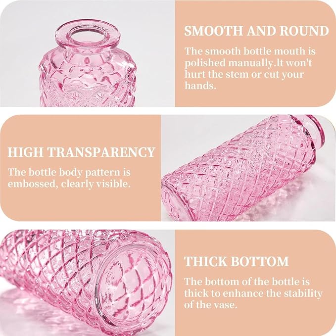 24PCS Mini Bud Vases As Wedding Centerpieces for Tables,Clear Bud Vases for Flowers,Small Flower Vases Suitable for Birthday Party,Anniversary,Wedding Reception,Baby Shower (Pink, 24PCS)