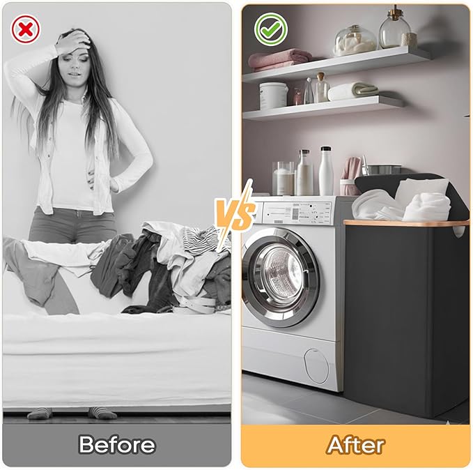 BALEINE Laundry Hamper with Lid, Tall Laundry Baskets with Bamboo Pull Handles, Large Laundry Bin with Internal Support (18 Gal/70L, Black)
