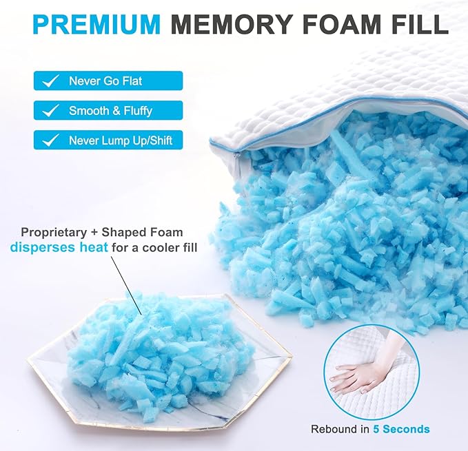 VVZ Cooling Bed Pillows Queen Size Set of 4, Shredded Memory Foam Pillows Cool Cold Pillow for Side Back Stomach Sleepers