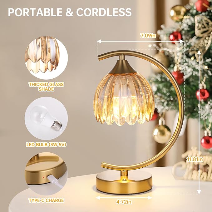 Shenmoyl Tulip Table Lamp, 5200mAh Cordless Touch Control Table Lamp with 3 Color Temps & Stepless Dimming, Rechargeable Battery Table Lamp for Living Room, Bedroom, Office, Shelf (Amber Tulip)
