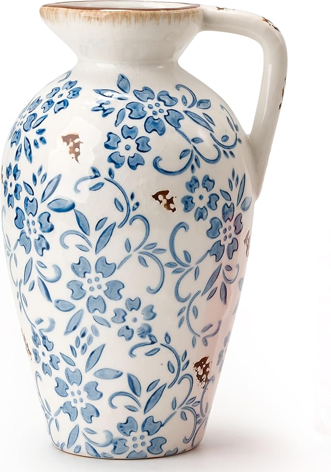 Blue-and-White Porcelain Antique Vase, 8.9 Inch Vintage Chinoiserie Floral Vase, Rustic Ceramic Vase for Home Decor, Living Room, Bookshelf, Office, Entryway, Garden, Chinoiserie Decor, Tuscan Decor