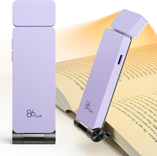 86lux Book Light, Rechargeable Reading Lights for Books in Bed, Ultralight Clip-on LED Bookmark Lamp with 3 Amber Colors & Stepless Dimming for Night Reading for Book Lovers, Kids,Light Lilac