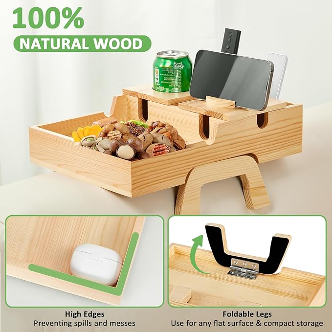 Couch Armrest Table, Sofa Arm Tray with Cup Holder w/360° Rotated Phone Holder, Pine Wood Sofa Arm Clip-On Side Table for Drink Snack Remote Holder