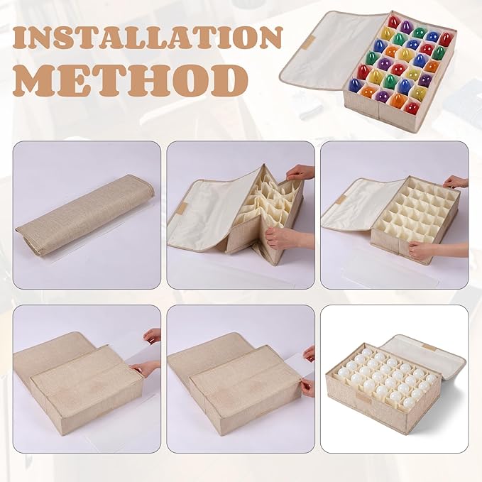 1 Pcs Light Bulb Organizer Storage Box Ornament Storage with 30 Dividers Foldable Bulbs Organizer with Lid Sturdy PP Board Fits Various Standard Dustproof Fabric Case for Home Vbs (Beige)