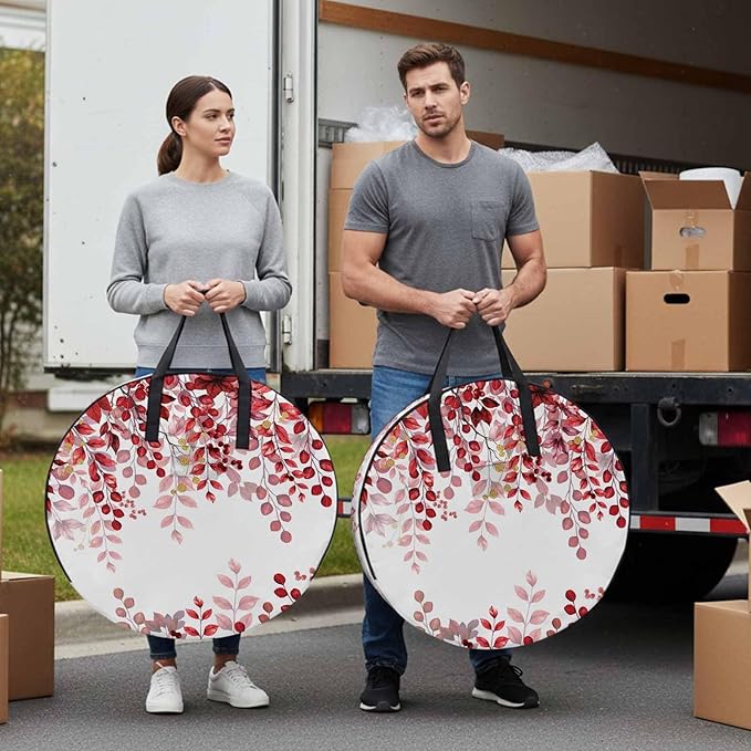 Storage Bag Red Eucalyptus Leaves Round Storage Totes Bins Closet Organizers with Zippers & Handle Berry Branch Nature Plant Clothes Storage Container for Bedroom Dorm Space Saving Packing Supplies