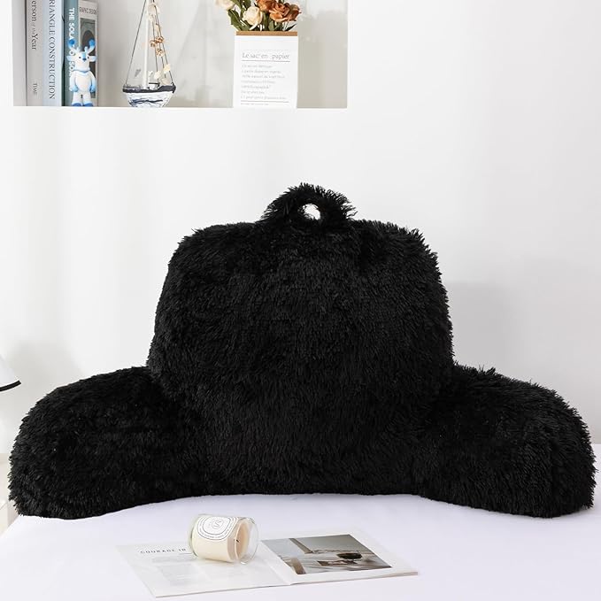 A Nice Night Faux Fur Reading Pillow Bed Wedge Large Adult Children Backrest with Arms Back Support for Sitting Up for Bedrest,Black