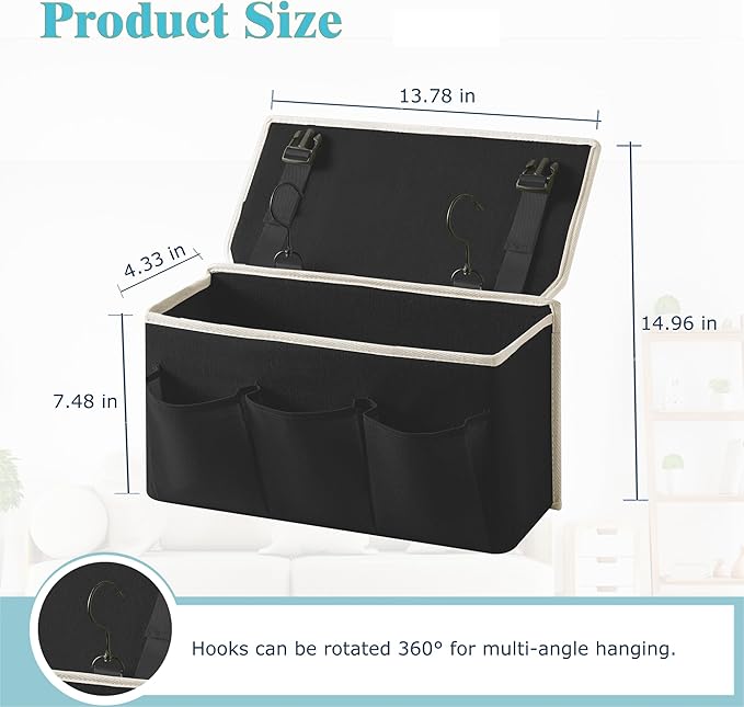 Bedside Caddy/Bedside Storage Organizer Hanging Bag with Three Options,Suitable for home beds, sofas, and dormitory beds—can hold magazines, books, phones, iPads, remote controls. (2-Pack Black)