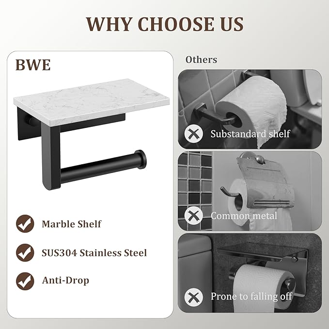 BWE Matte Black Toilet Paper Holder with Marble Shelf, Toilet Paper Roll Holder Wall Mounted, Toilet Paper Roll Holder with Phone Shelf 304 Stainless Steel Tissue Holder for Bathroom Washroom