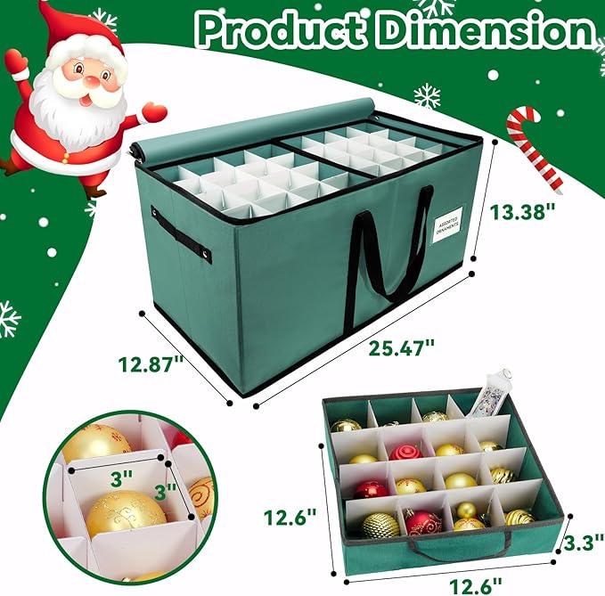 Christmas Ornament Storage Box, Ornament Storage Container with 8 Trays, Xmas Decoration Organizer Holds Up to 128 Decoration Balls, Durable 600D Oxford Material（Green）