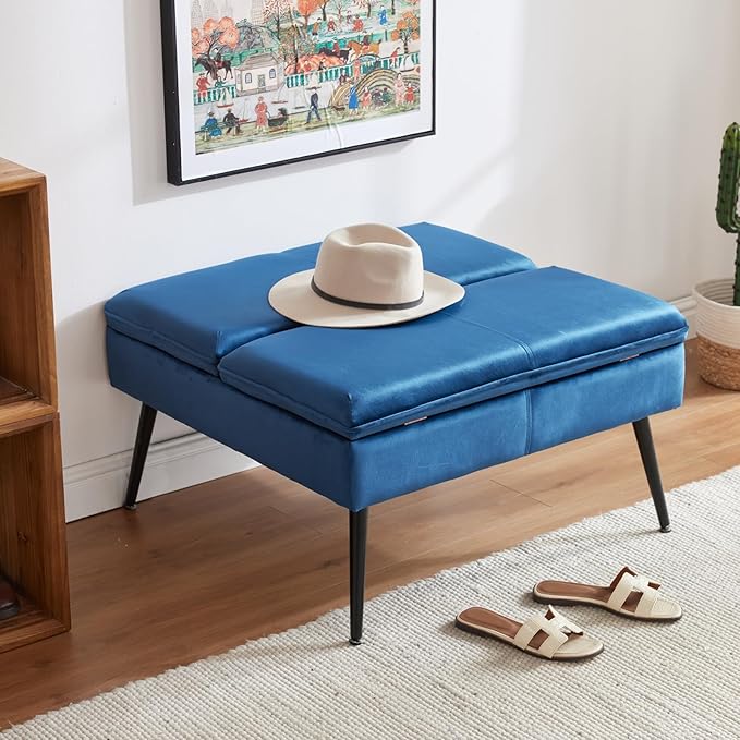 Square Ottoman with Storage, Large Oversized Ottoman Coffee Table, Double Flipping Lid & Mid-Century Modern & Velvet Style, Loads 660 lb, for Living Room, Bedroom, Entryway, Navy