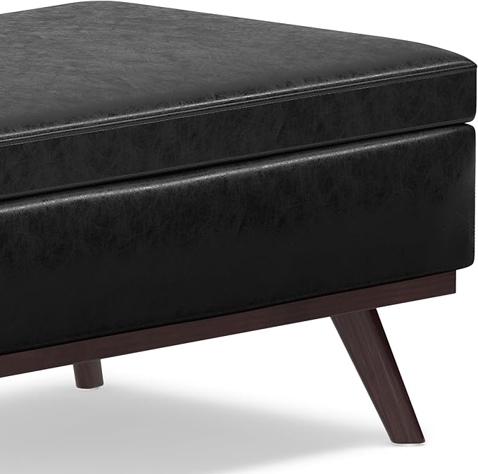 SIMPLIHOME Owen Lift Top Coffee Table Storage Ottoman - 42 inch Wide Upholstered Vegan Leather Rectangular Lift-Top Ottoman in Distressed Black, Mid-Century Modern Ottoman for Living Room
