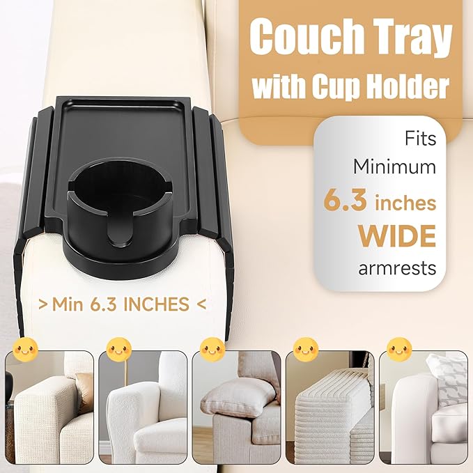 SINWANT Couch Cup Holder Tray,Foldable Sofa Arm Clip on Tray Table with 360° Rotation Cup Holder,Bamboo Anti-Slip Couch Armrest Table for Coffee Cup,Water Bottles,Mug,Snacks,Remote on Large Armrest