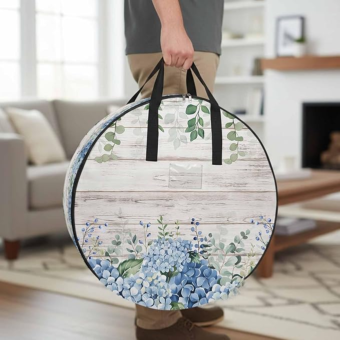 Storage Bag Blue Hydrangea Round Storage Totes Bins Closet Organizers with Zippers & Handle Green Eucalyptus Leaves Wood Grain Clothes Storage Container for Bedroom Dorm Space Saving Packing Supplies