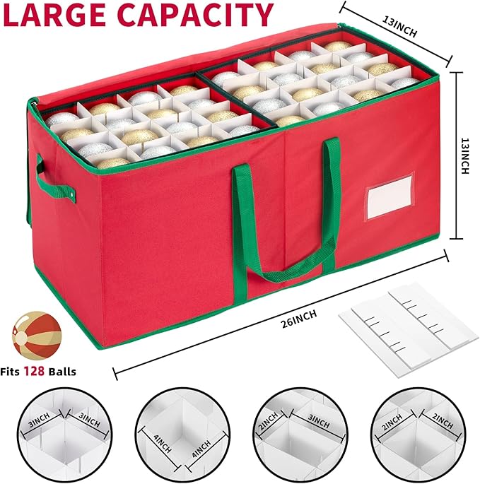 DIMESHY Large Christmas Ornament Storage Box With Adjustable Dividers,Ornament Storage Container with 8 Removable Trays for 128 Holiday Decorations,Red
