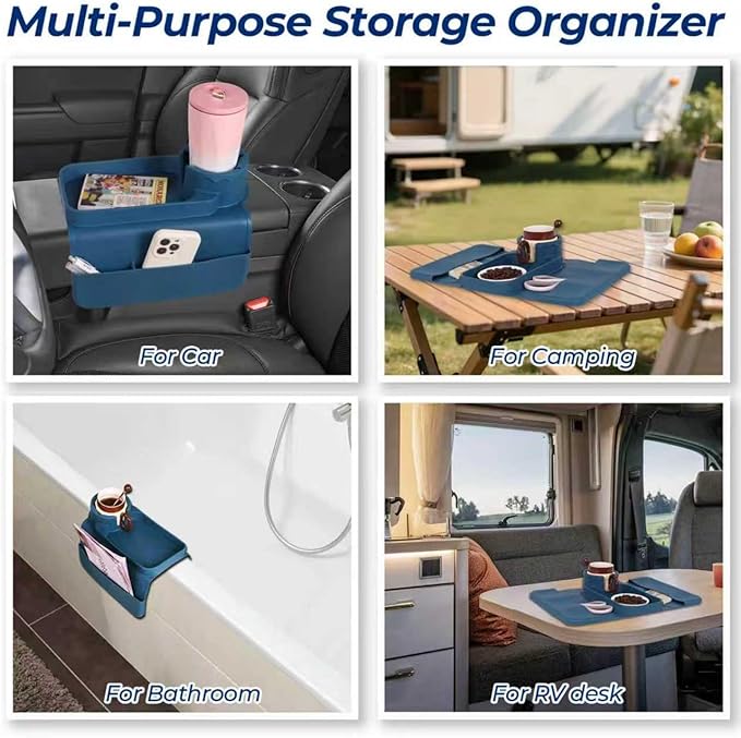 Silicone Couch Cup Holder Tray, 3-Side Sofa Armrest Organizer with Secure Gear-Shaped Locking Holder & Large Tablet Slot, Non-Slip Weighted Armchair Caddy, Couch Accessories (Navy Blue)