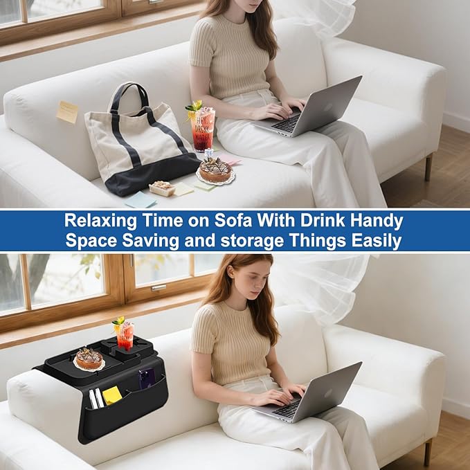 Silicone Couch Cup Holder Tray with Tablet & Phone Stand, Anti-Slip Sofa Arm Organizer with Dual Side Pockets for Remotes, Snacks, Headphones, Glasses, Drinks (Black)