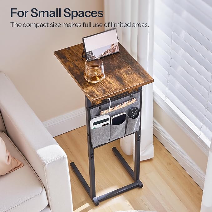 HOOBRO C Shaped Side Tables with Charging Station, Set of 2, Slide Under Couch Tables, 27.8" Tall Side Tables for Sofa Arm with Fabric Storage Pocket, for Living Room, Rustic Brown BF73USFP201