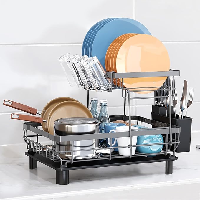 GAXmi Dish Drying Rack Over The Sink Drainer with Drainboard Utensil Holder Cup Holder, 2-Tier Grey