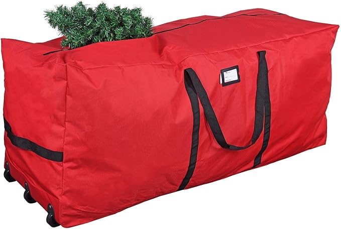 Primode Rolling Tree Storage Bag, Fits Up to 9 foot Disassembled Holiday Tree, 28" Height X 16" Wide X 60" Long Extra Large Heavy Duty Storage Container with Wheels (Red)