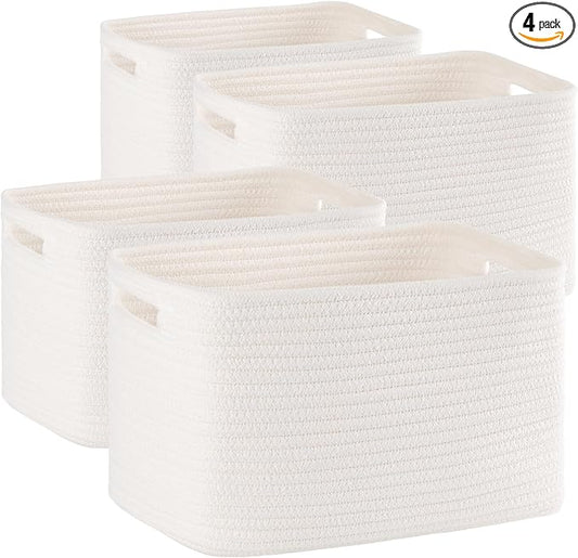 4 Pack Storage Baskets for Organizing, Woven Baskets for Shelves - Perfect for Toys, Books, Towels, and Clothes, Durable Gift Basket Bins Toy Storage, 12.7''L x9''W x7.8''H, White