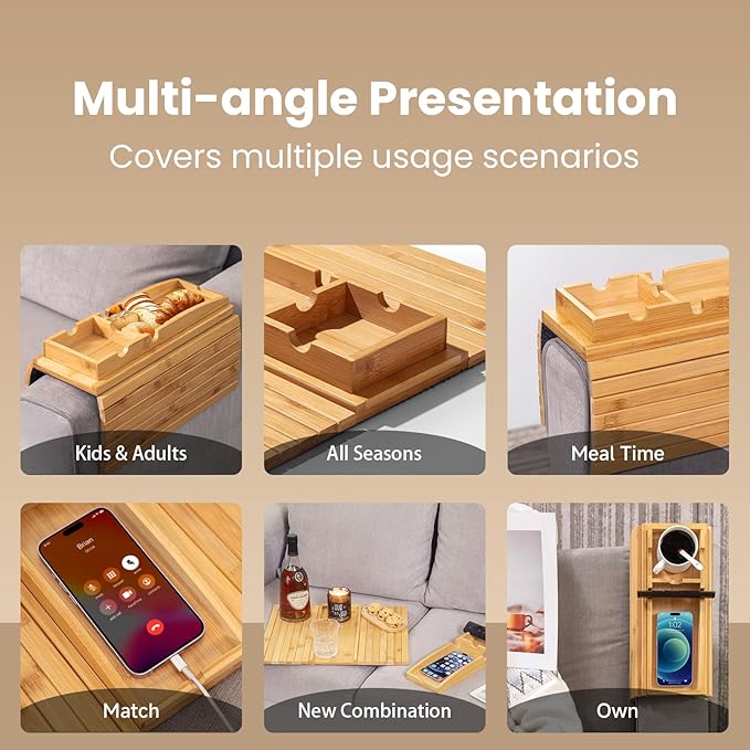 Bamboo Couch Arm Tray Table | 2-in-1 Detachable Sofa Tray with Slidable Cup Holder | 4.5 to 14 inches Wide Adjustable & Foldable Design with an Anti-Slip Surface for Drinks, Snacks, and Remote