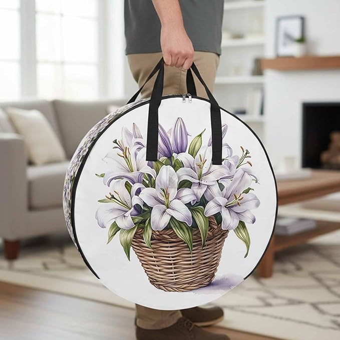 Spring Lily Round Storage Bag 30 Inch, Retro Flowers Basket Clothes Storage Container with Handles Heavy Duty Organizer for Comforter, Bedding & Holiday Wreaths