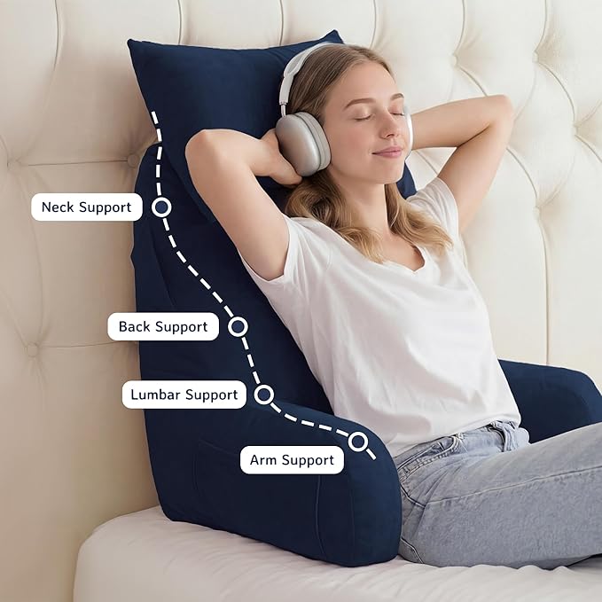 Unisakey Portable Reading Pillows with Headrest for Bed Sitting Up(Royal Blue Oeko-Tex), Velvet Back Pillow with Arms & Pockets for Adults, Support Memory Foam Bed Pillow for Dorm/Watching/Gaming