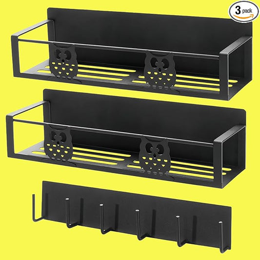 Magnetic Spice Rack for Refrigerator,Spice Organizer for Kitchen,Seasoning Organizer Rack,Magnetic Shelf with Hooks,Strong Magnet,Moveable,No Drilling(3 Pack,Black,Owl)