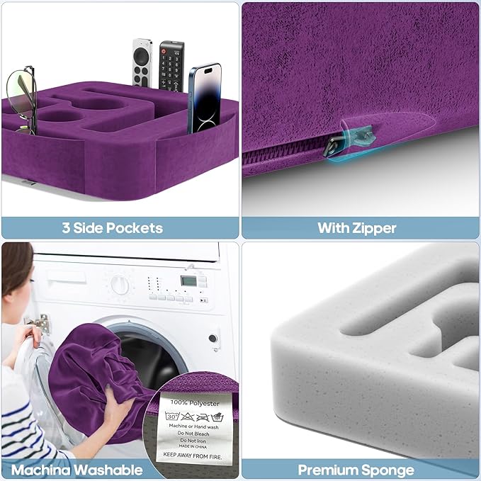 Couch Cup Holder Pillow, Sofa and Bed Caddy for iPad, Kindle, Switch, Game Controller, Remotes, Phones, Small-Sized Cup and Drink Holder for Couch, Bed, Desk, Car, Beach, Bathroom Cup Holder, Purple