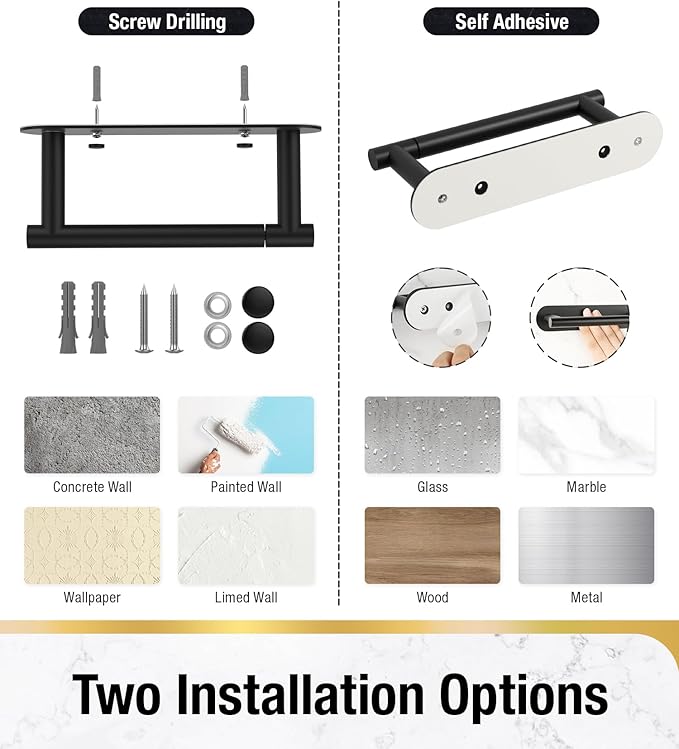 HITSLAM Toilet Paper Holder Matte Black, SUS304 Stainless Steel Bathroom Toilet Paper Roll Holder Wall Mounted and Self Adhesive, No Drill Tissue Holder Use for Washroom and Kitchen
